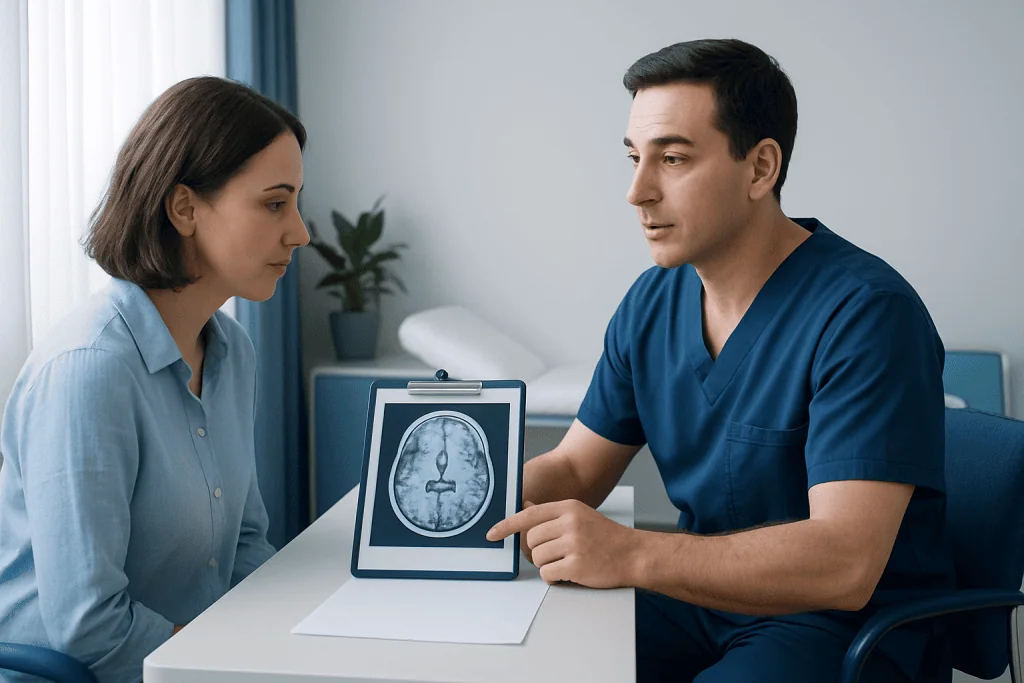 Interventional neuroradiologist explains brain scan to patient in a medical consultation.