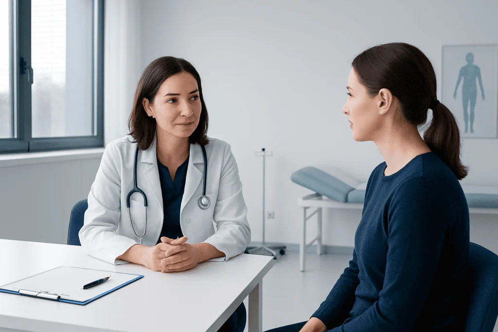 Doctor consulting with a patient in a modern medical office.