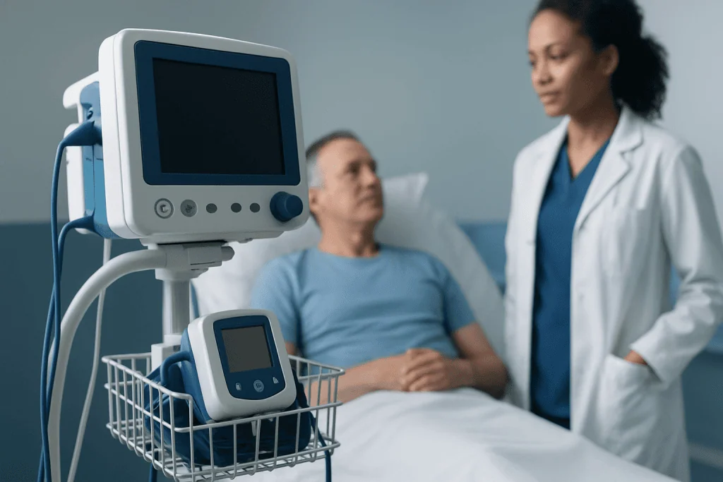 Hospital patient monitor and healthcare professional in a clinical setting.