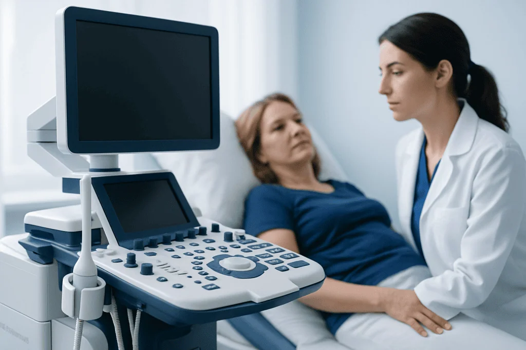 Doctor performing ultrasound exam on patient in hospital room.