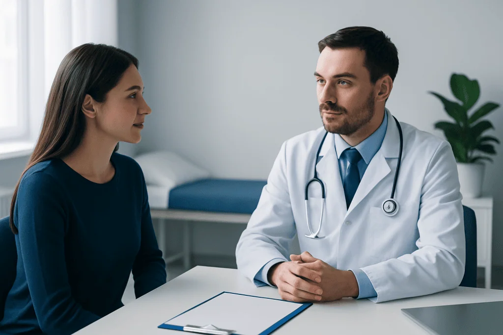Doctor consulting with a female patient in a modern clinic setting.