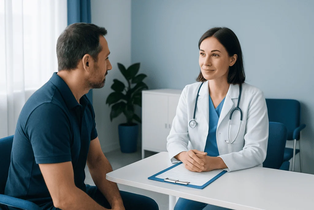 Doctor consulting with patient in a medical office setting.