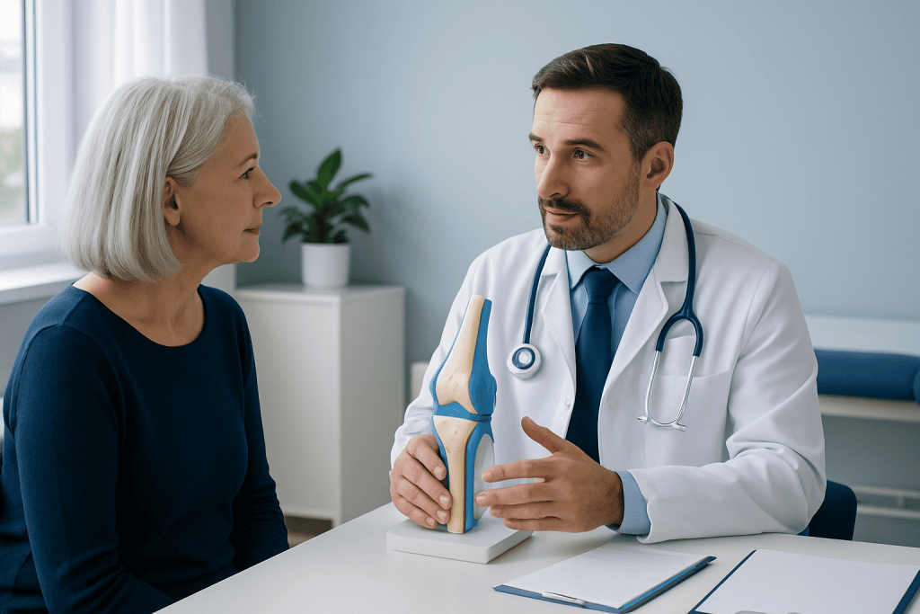 Orthopedic doctor explaining knee joint model to an elderly woman in a clinic.