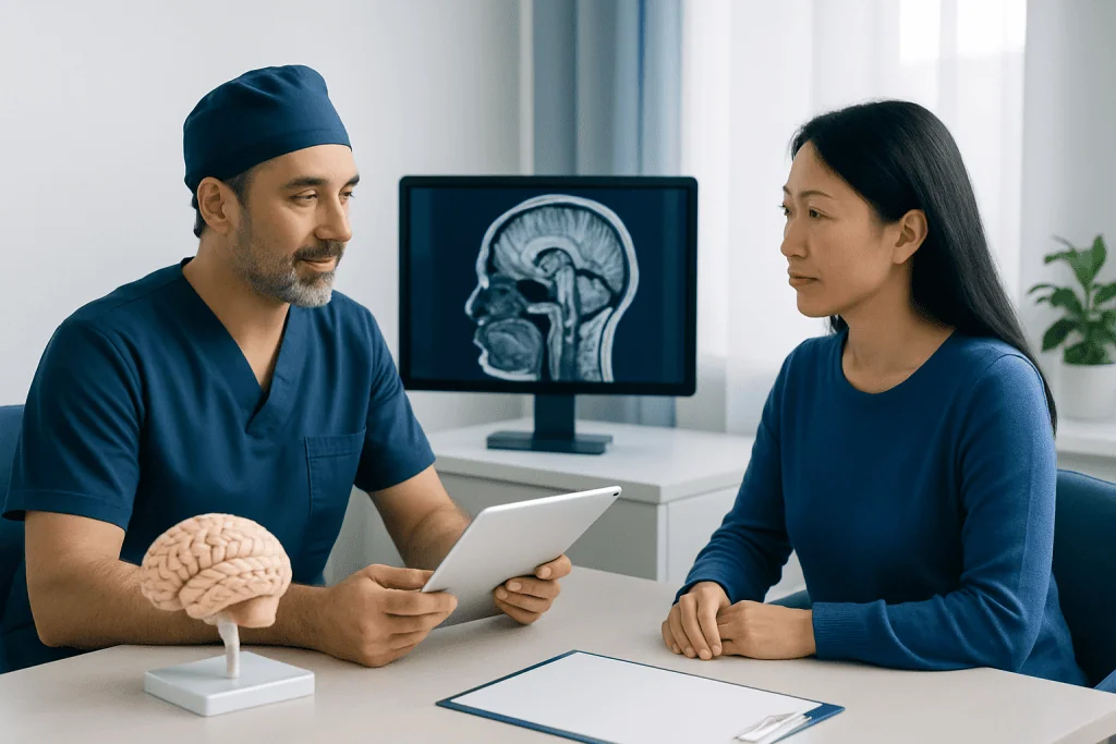 Neurosurgeon consulting with a patient about brain health and surgery options.