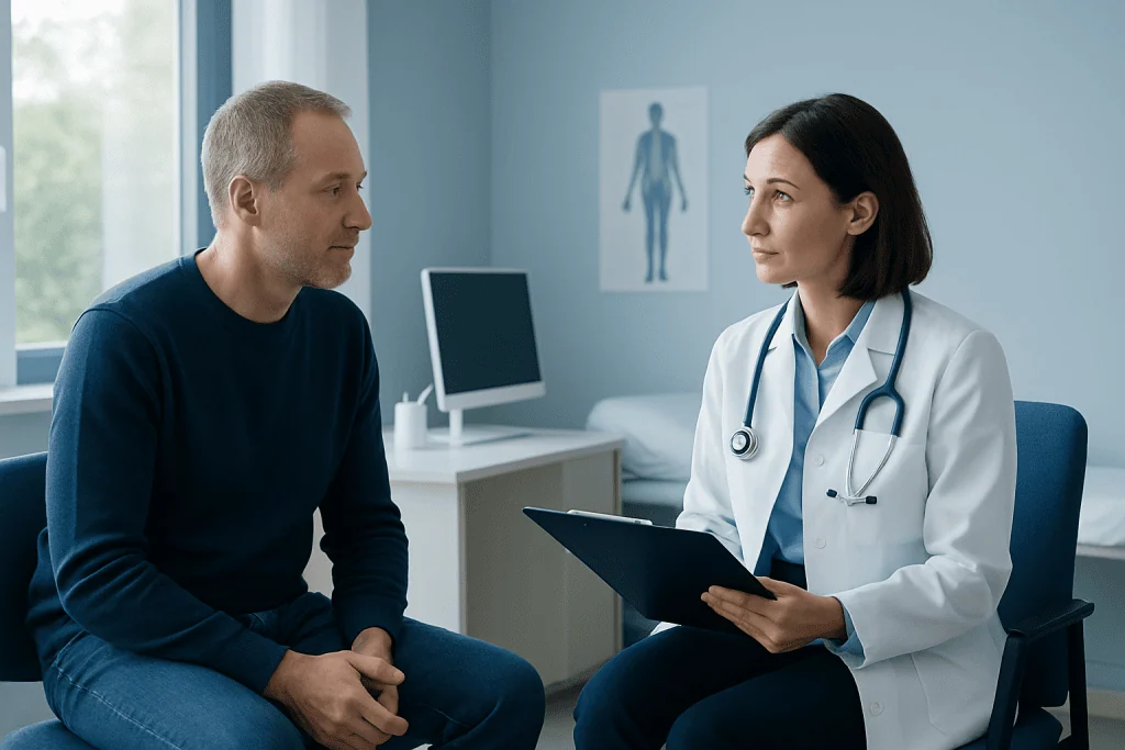 Doctor consulting with patient in a medical office at Acibadem Hospitals.
