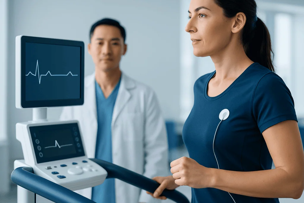 Woman undergoing heart rate monitoring during exercise test in a clinical setting.