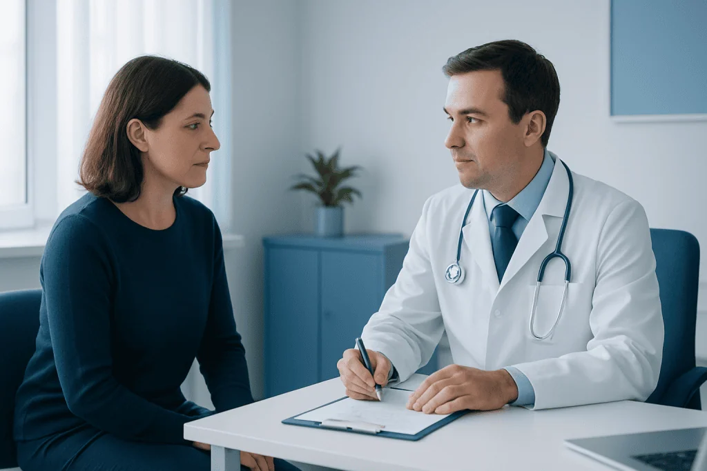 Doctor consulting with a female patient in a medical office.
