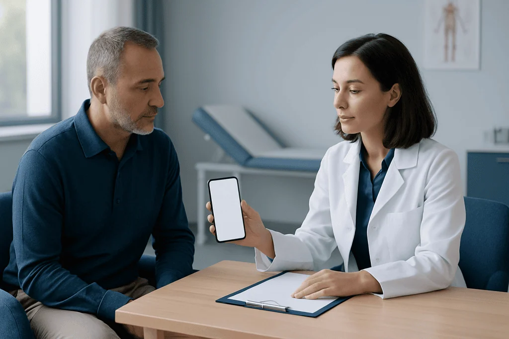 Doctor showing appointment message on smartphone to patient in consultation room.