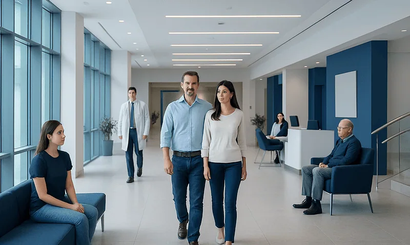 Patients and visitors in a modern hospital lobby with seating and reception area.