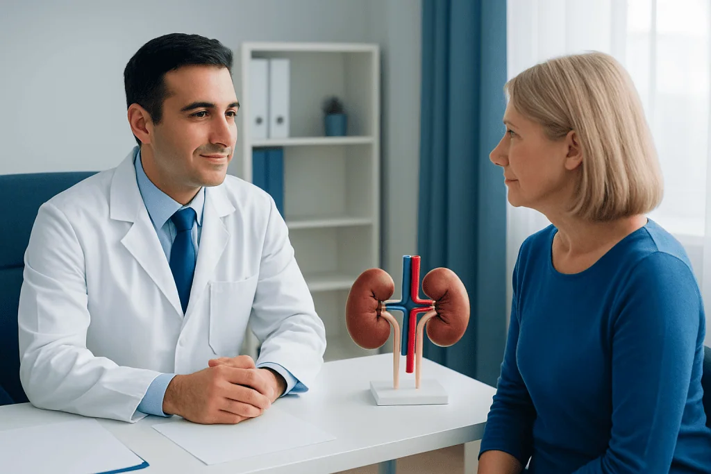Doctor explaining kidney health to a patient in a medical consultation.
