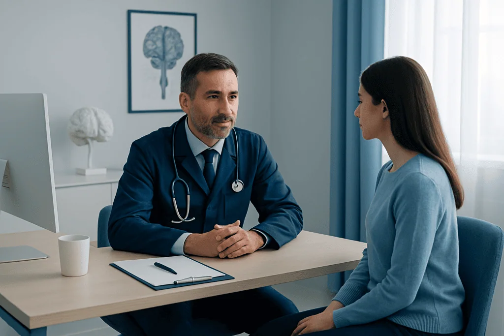 Doctor consulting with a patient in a modern medical office.