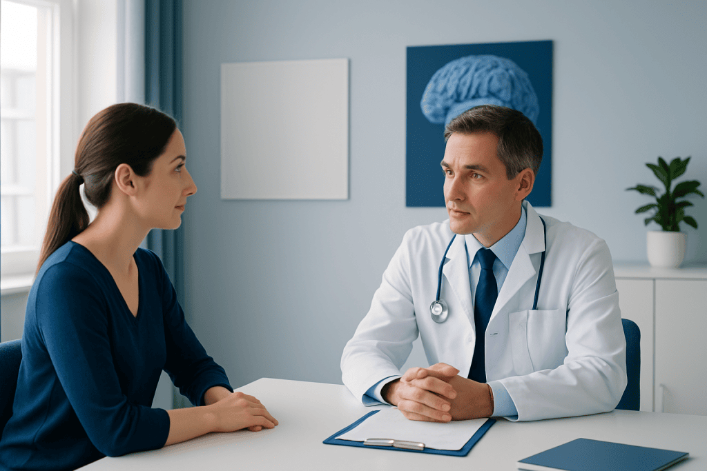 Doctor consulting with a female patient in a modern hospital office.