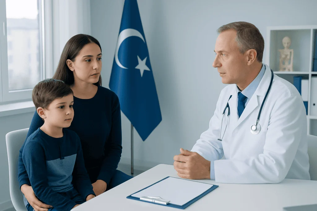 Pediatric consultation at Acibadem Hospital in Turkey with doctor and young patients.