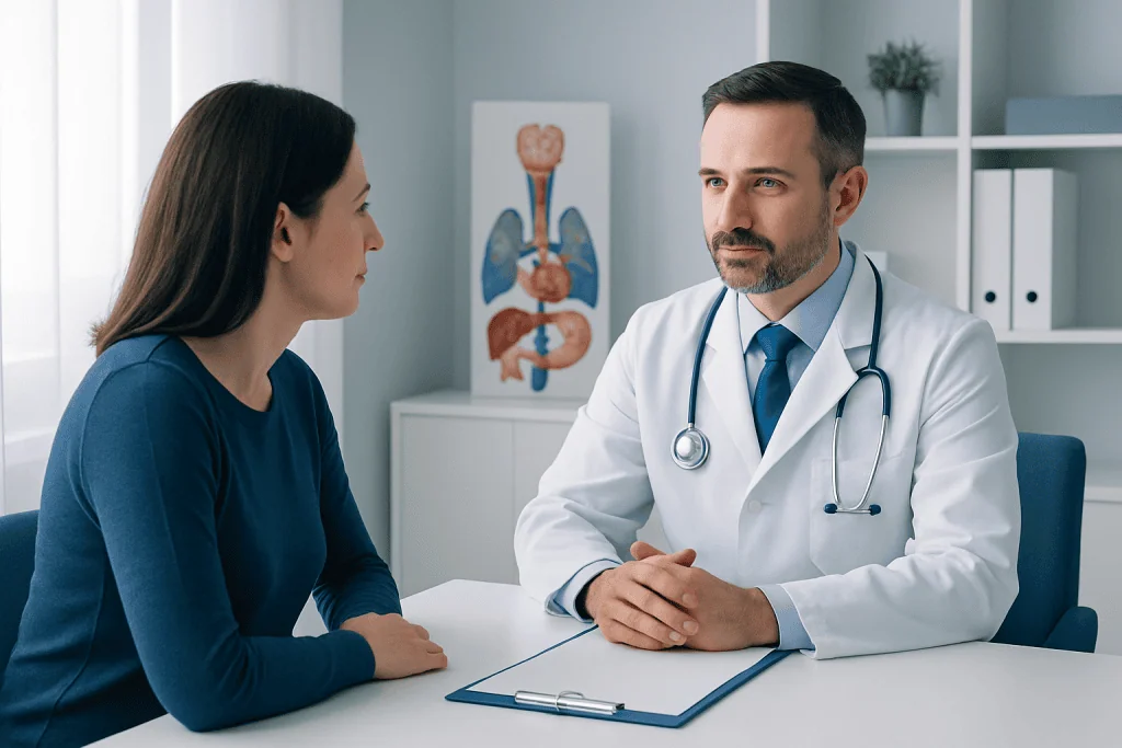 Endocrinologist consulting a patient in a modern clinic setting.