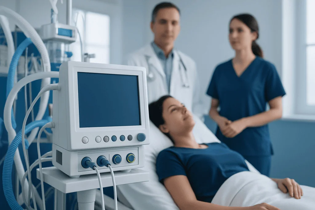 Patient in hospital bed with medical staff and monitoring equipment.
