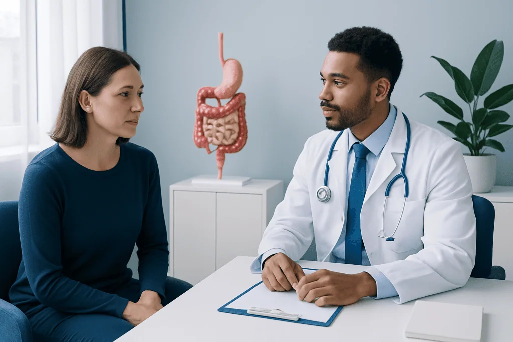 Gastroenterologist consulting with a patient in a medical office.