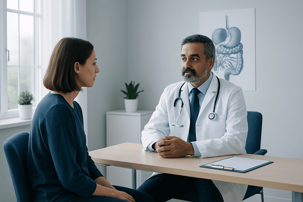 Gastroenterologist consulting with a patient in a medical office.
