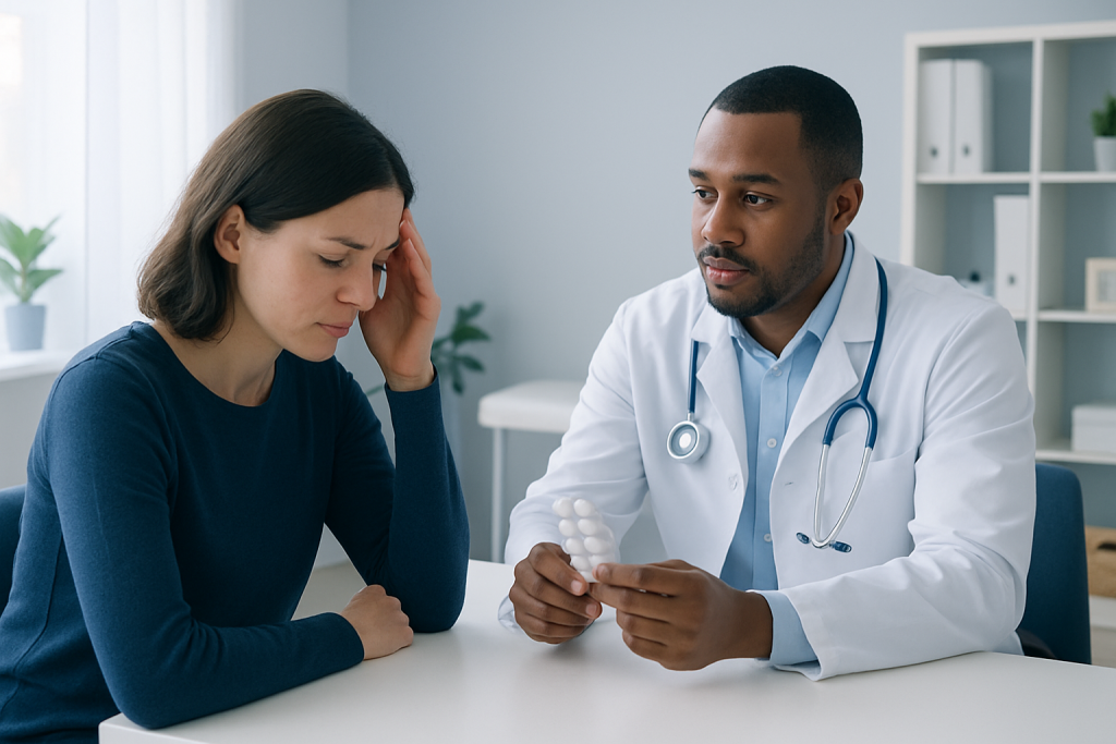 Doctor consulting with a patient about headache relief options.