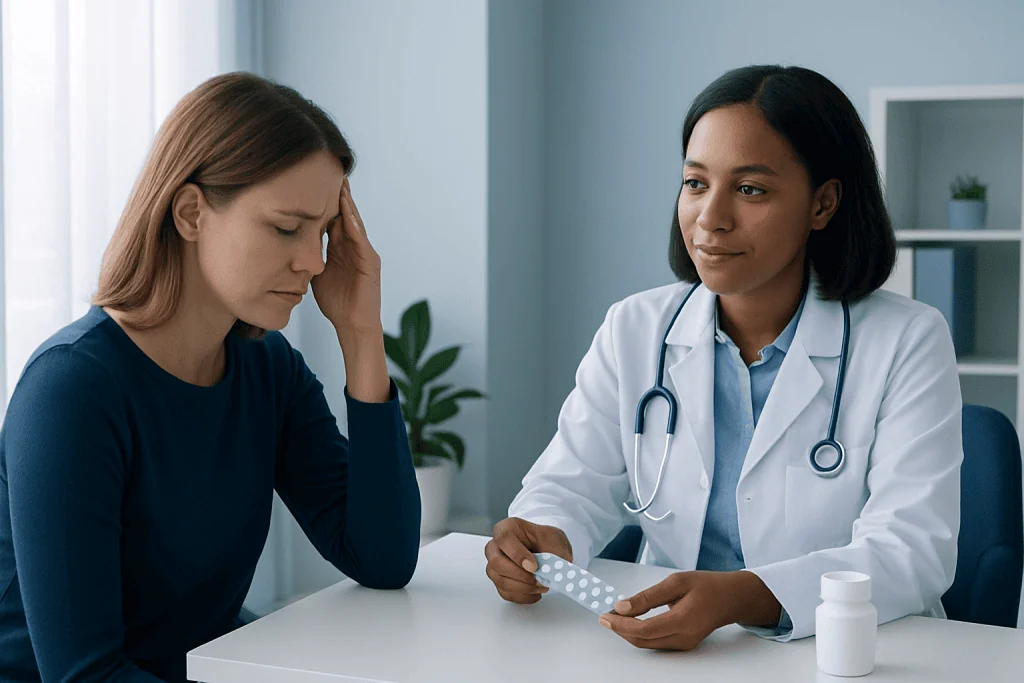 Doctor advising patient on headache medication options in clinic.