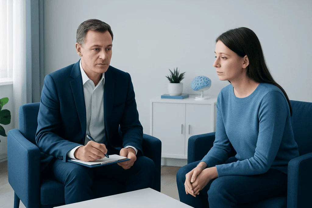 Psychiatrist consulting with a patient in a therapy session.