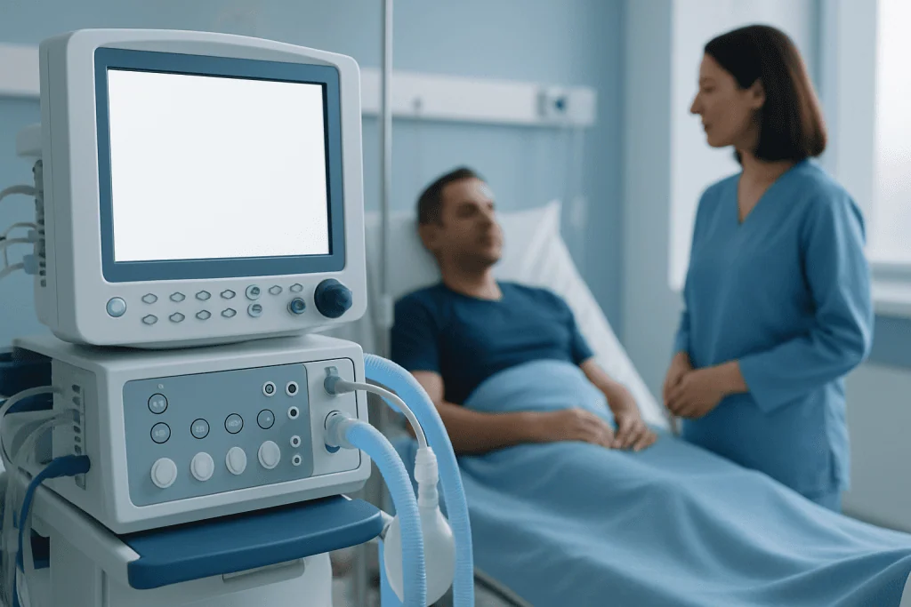 Hospital room with patient and nurse, medical monitor in foreground.