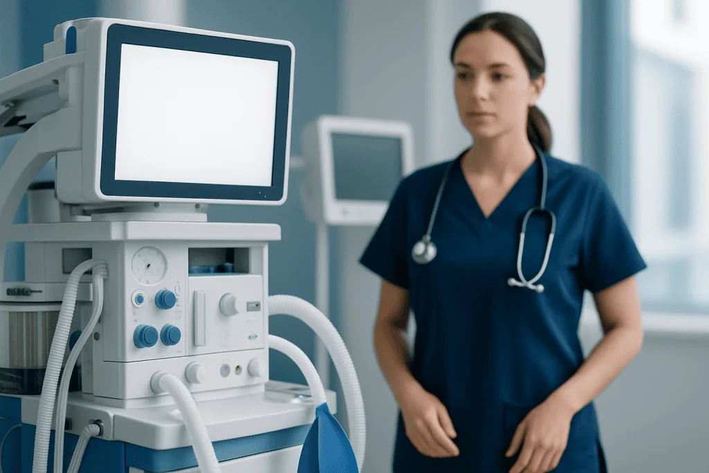 Medical professional in a hospital with ventilator equipment.