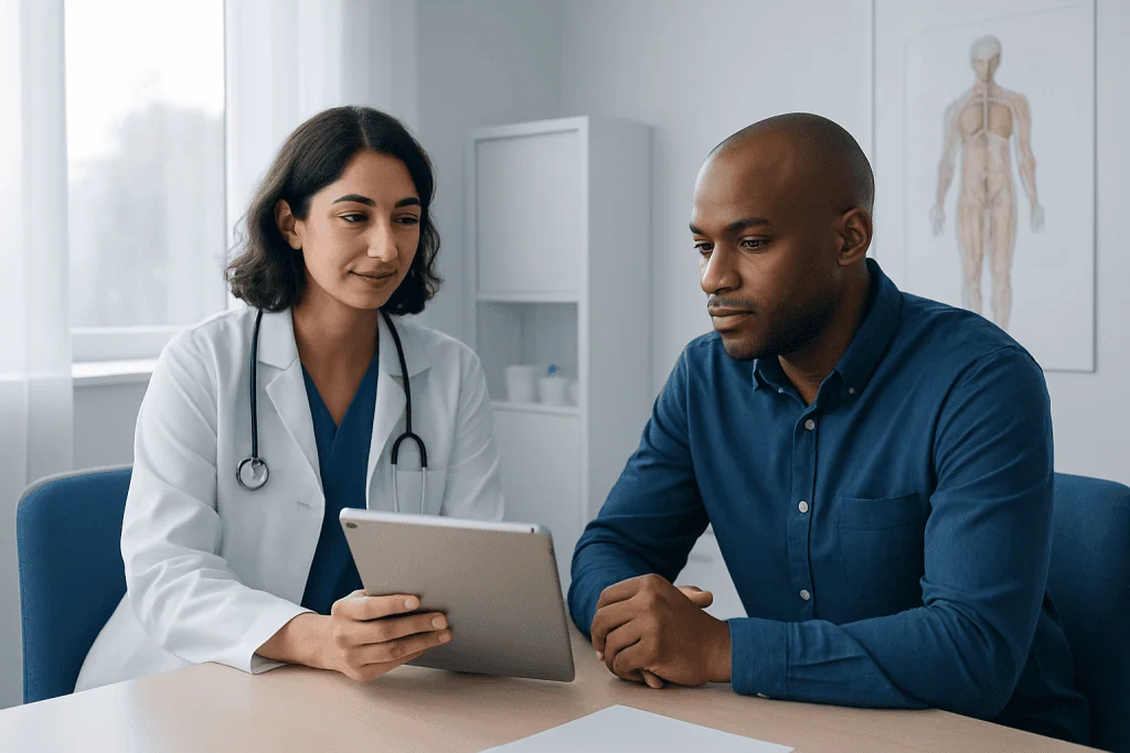 Doctor consulting with patient using a tablet in a medical office.