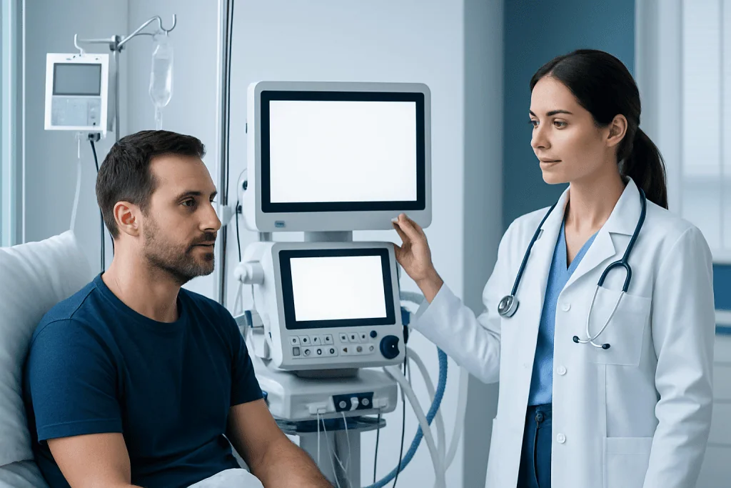 Doctor consulting patient in hospital room with medical equipment.
