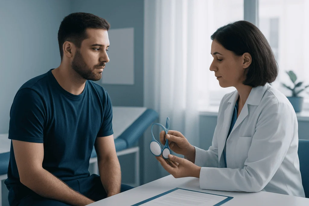 Doctor explaining testicular self-check to young man in clinic.
