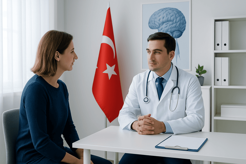 Doctor consulting with a patient in a medical office in Turkey.