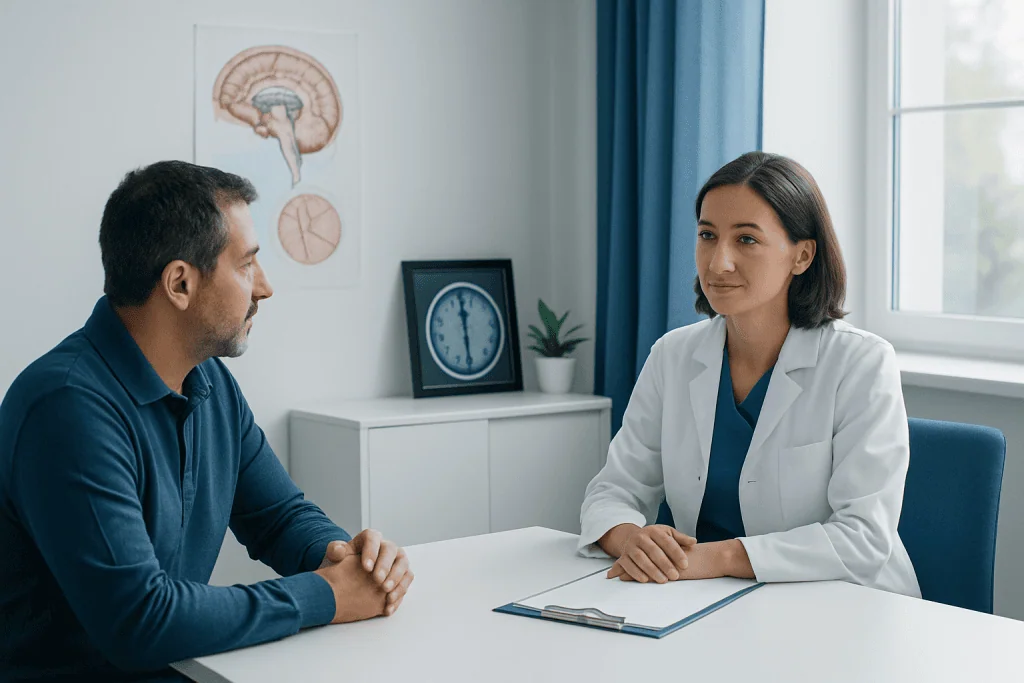 Doctor consulting with patient in a medical office.
