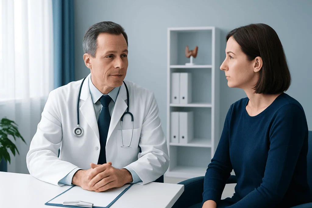 Endocrinologist consulting with a female patient in a medical office.