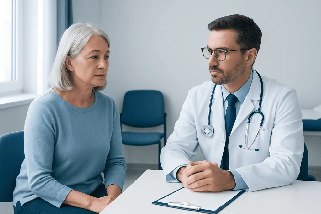 Doctor consulting with an elderly female patient in a medical office.