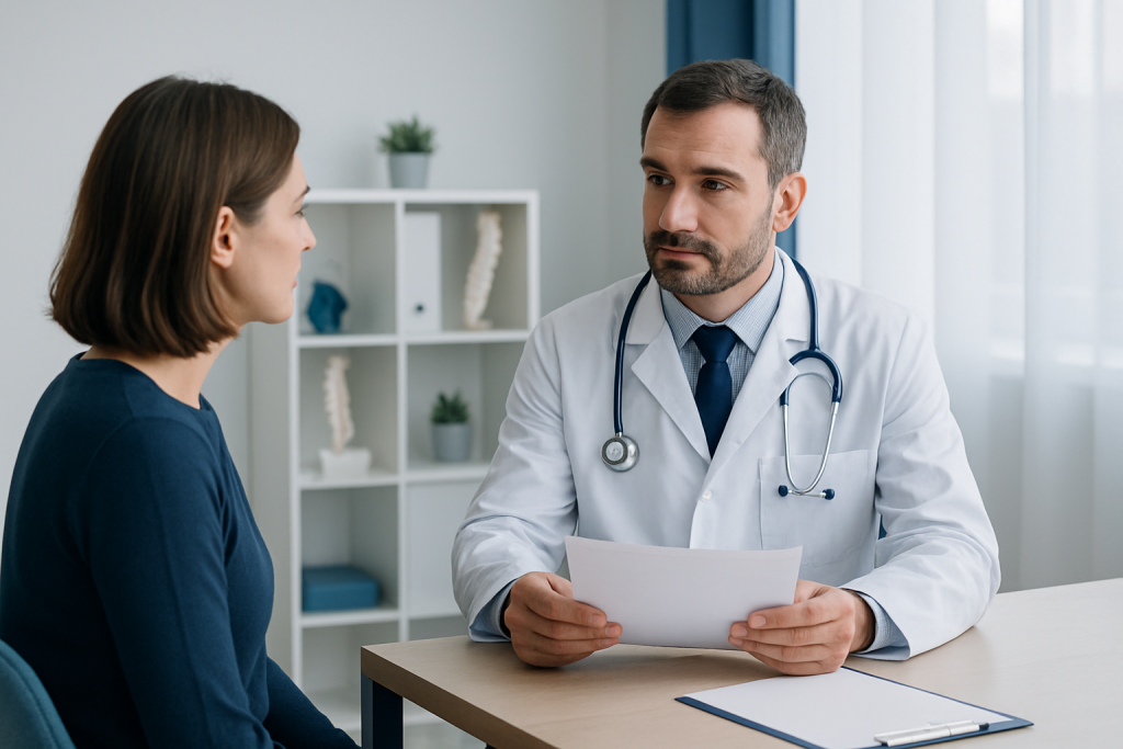 Doctor consulting with a patient in a modern medical office.