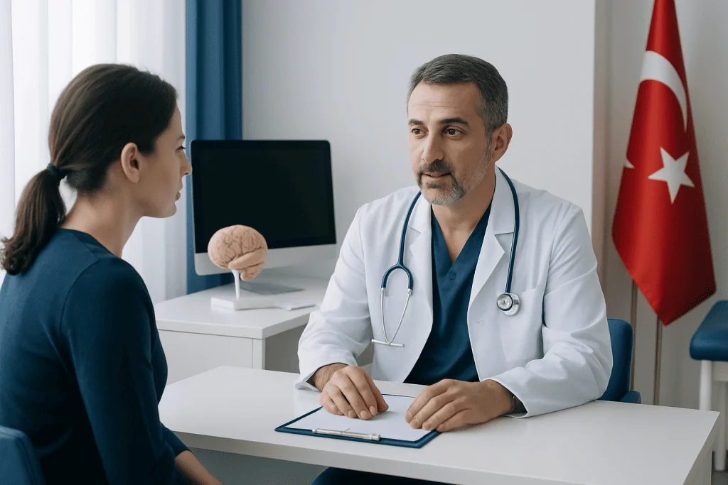 Doctor consulting with a patient in a medical office in Turkey.