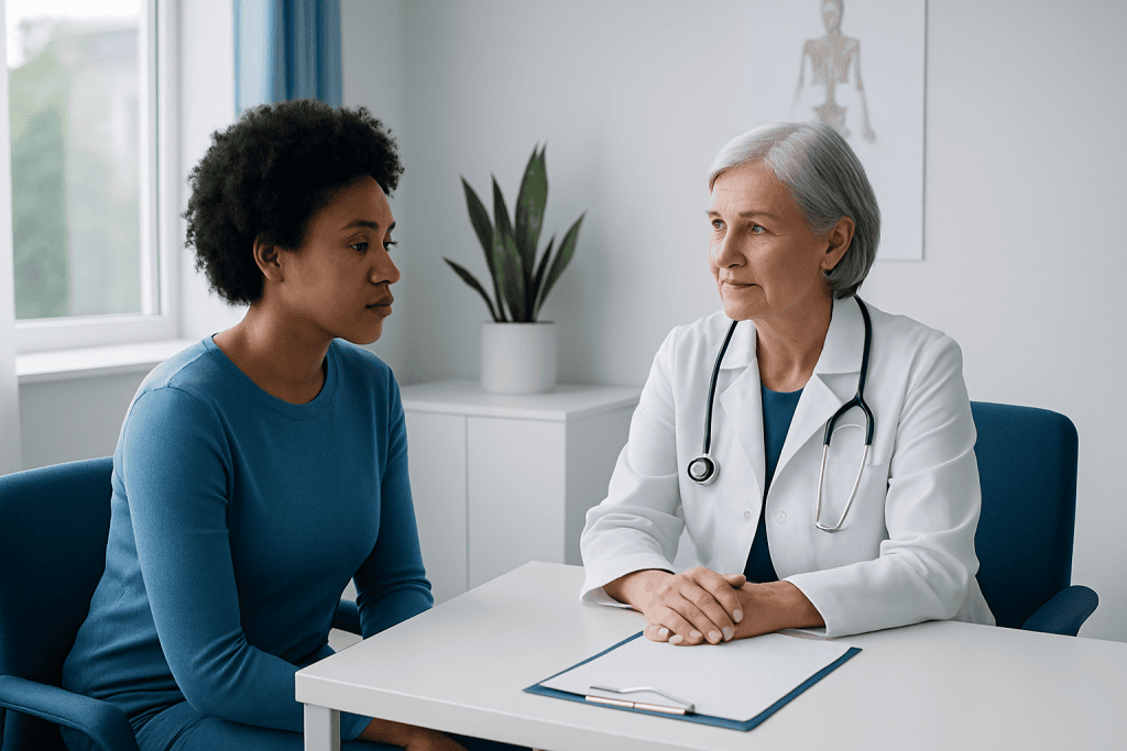 Doctor consulting with a patient in a modern medical office setting.