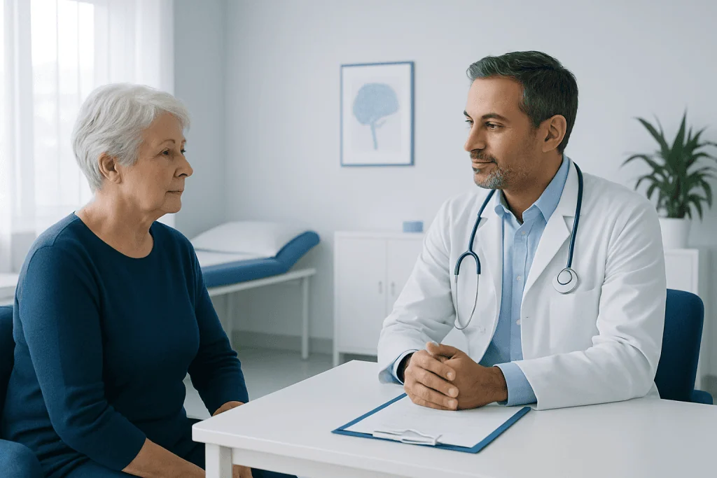 Doctor consulting with elderly woman in a medical office setting.