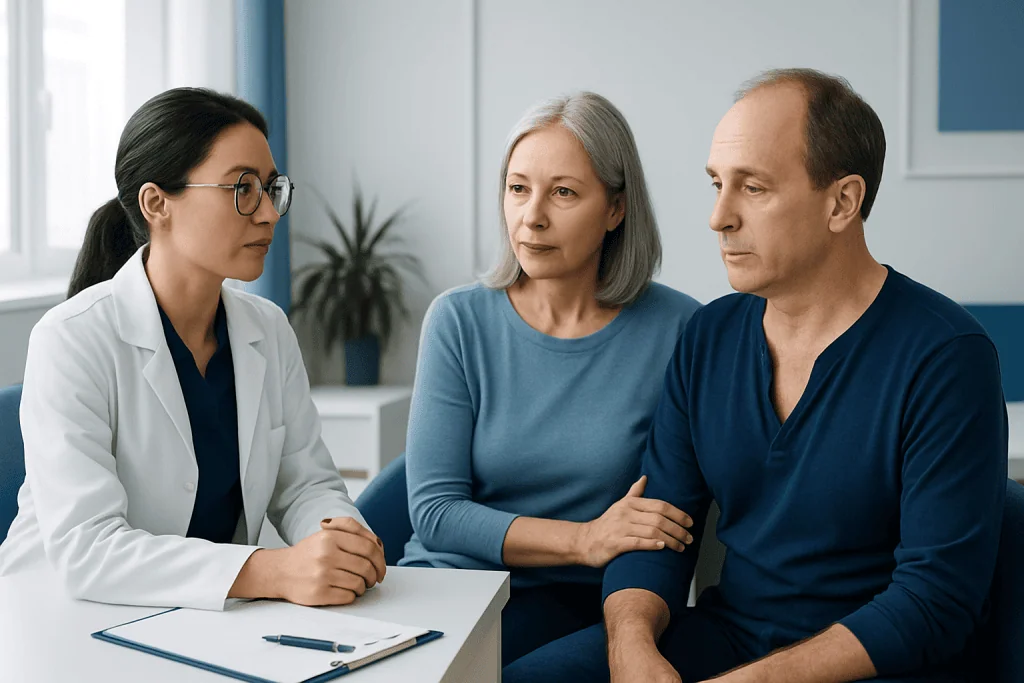 Doctor consulting with middle-aged couple in a medical office setting.