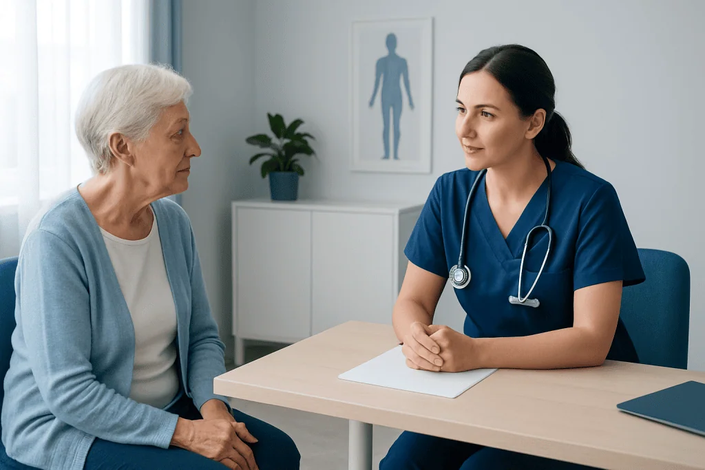 Nurse consulting with elderly patient in a medical office setting.