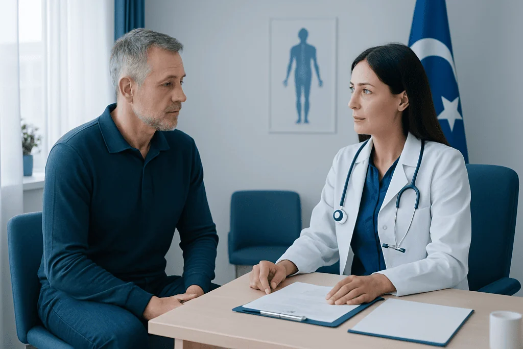 Doctor consulting with a male patient in a medical office.