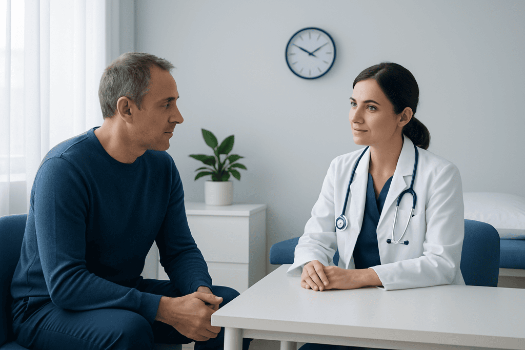 Doctor consulting with a patient in a medical office setting.