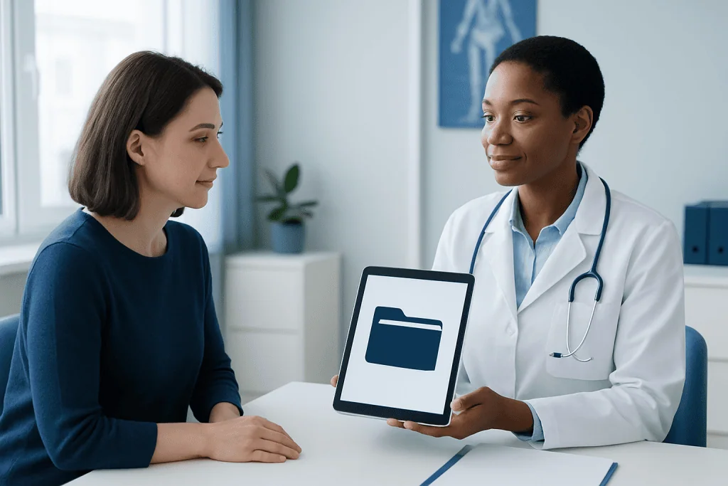 Doctor showing digital medical folder to patient in consultation room.