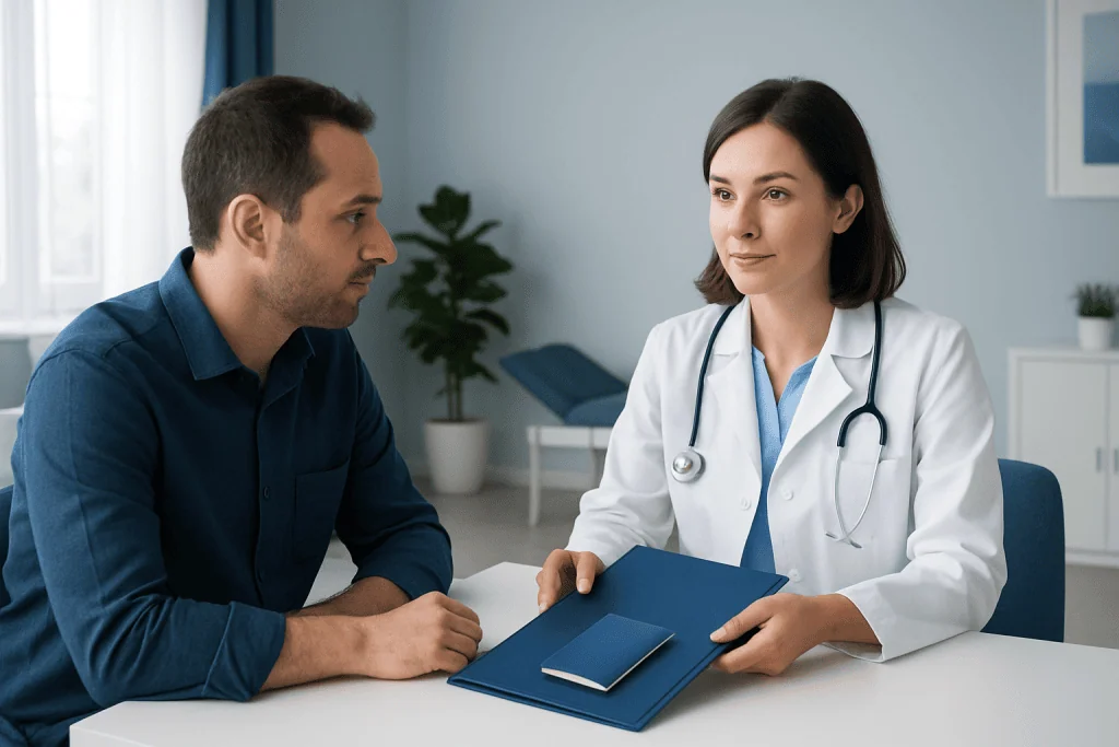 Doctor consulting with patient in a medical office setting.