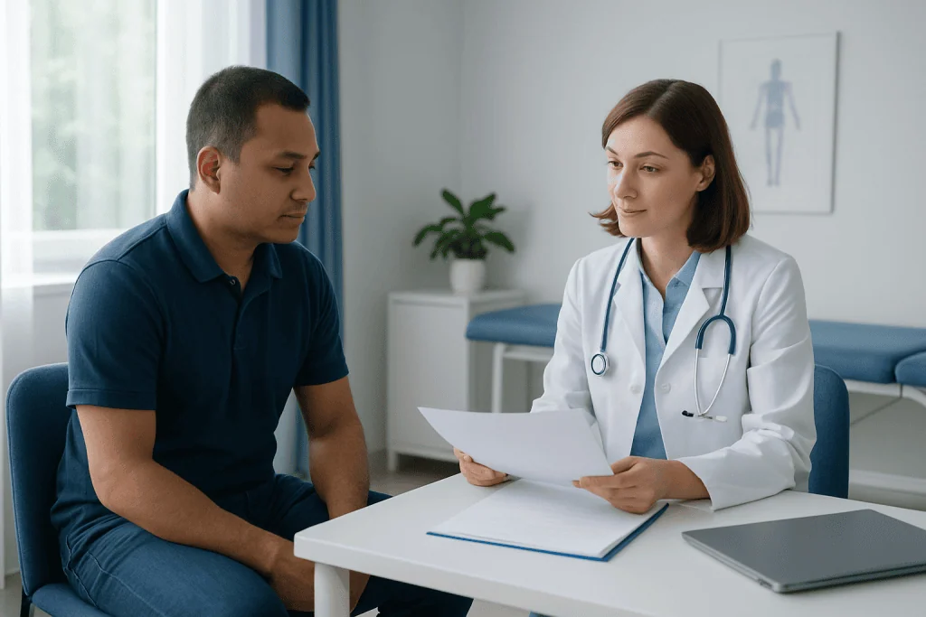 Doctor consulting with a patient in a modern clinic setting.