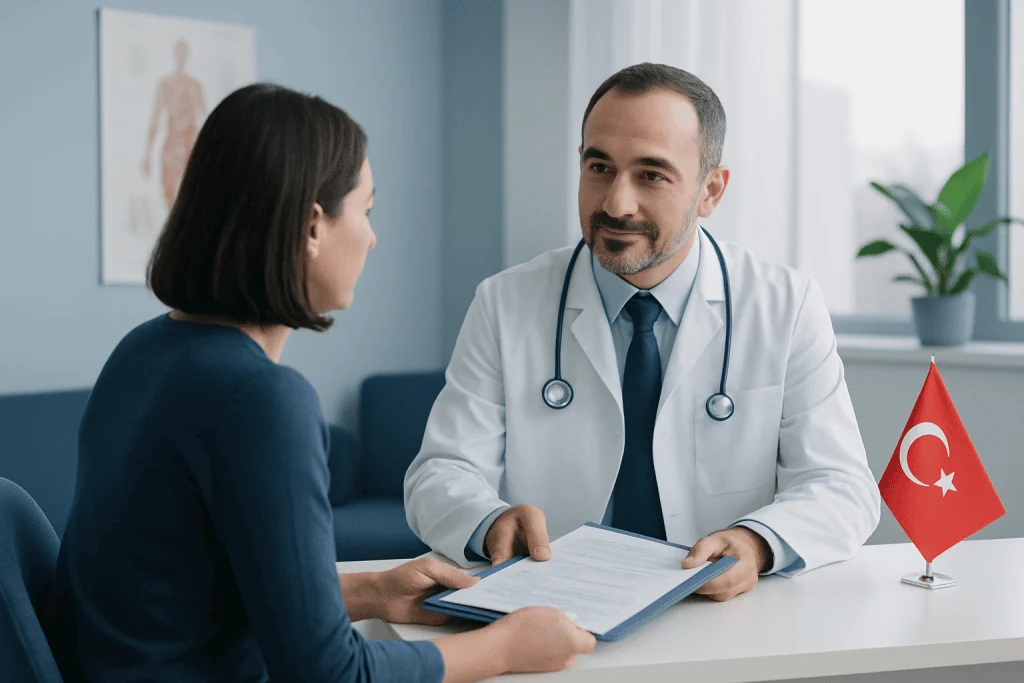 Doctor consulting with a patient about medical records at Acibadem Hospital in Turkey.