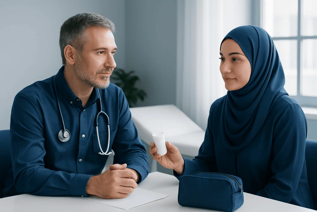 Doctor consulting with a female patient in a medical office.