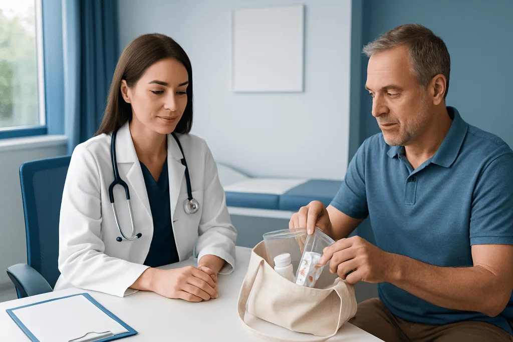 Doctor and patient discussing medication in a hospital room.