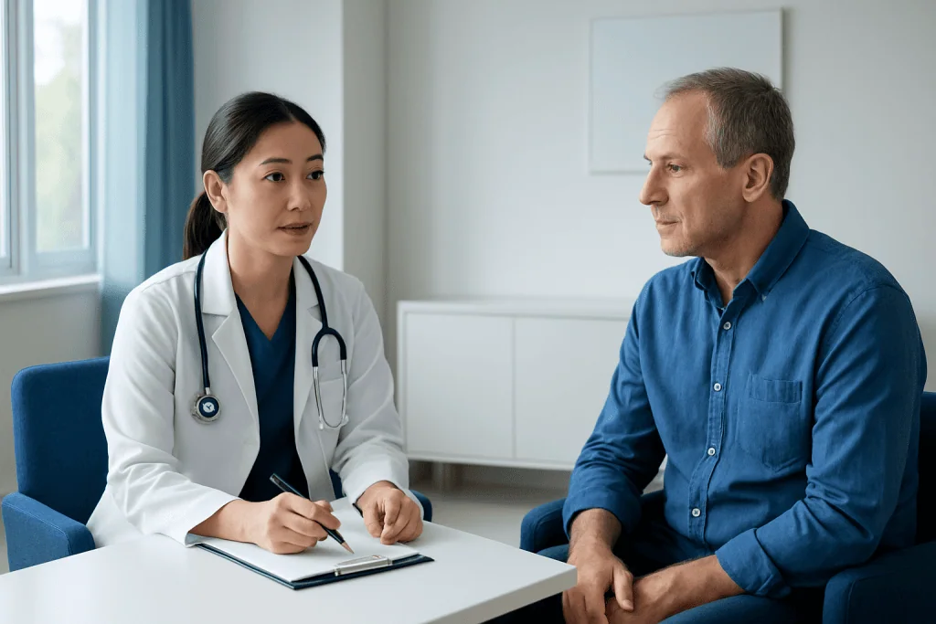 Doctor consulting with a patient in a medical office setting.