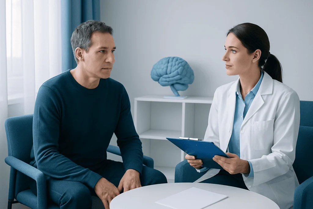 Doctor consulting with patient about neuropsychological testing in a clinical setting.
