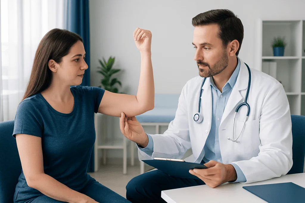 Doctor examining patient's arm during consultation at Acibadem Hospital.